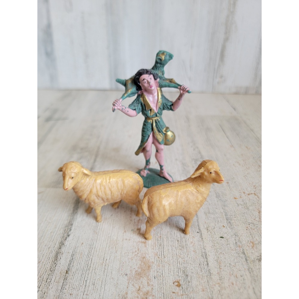 Shepherd boy vintage nativity scene sheep animal set unique religious figure